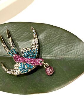 Luxurious Colorful Crystal Bird Brooch Pin | Pink and Teal |NWT